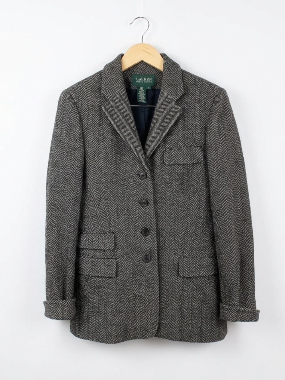 VTG 90s Lauren Ralph Lauren Herringbone Wool Blazer Jacket Y2K Black White Sz 8 - Picture 1 of 12